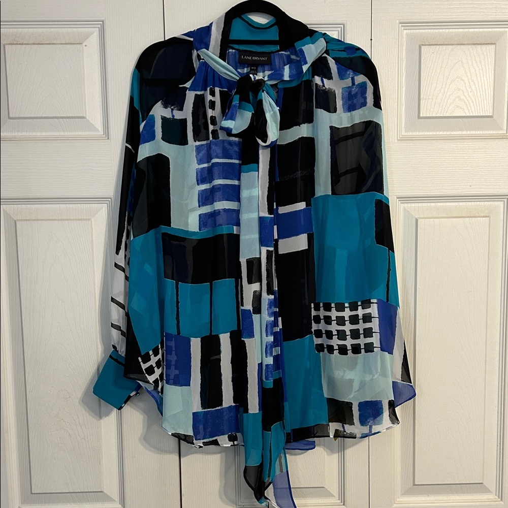 Lane Bryant Blue Black Abstract Jewel Tone Semi Sheer NWT 14 16 Button Front